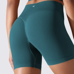 SHORT FEMME YOGA-PILATES-FITNESS TAILLE HAUTE EXTENSIBLE BLEU ÉMERAUDE